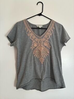 Lucky Brand Gray Tee with Peach Embroidered V-Neck